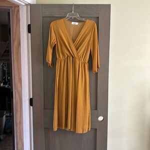 CJLA EUC size small mustard polkadot chiffon faux wrap dress